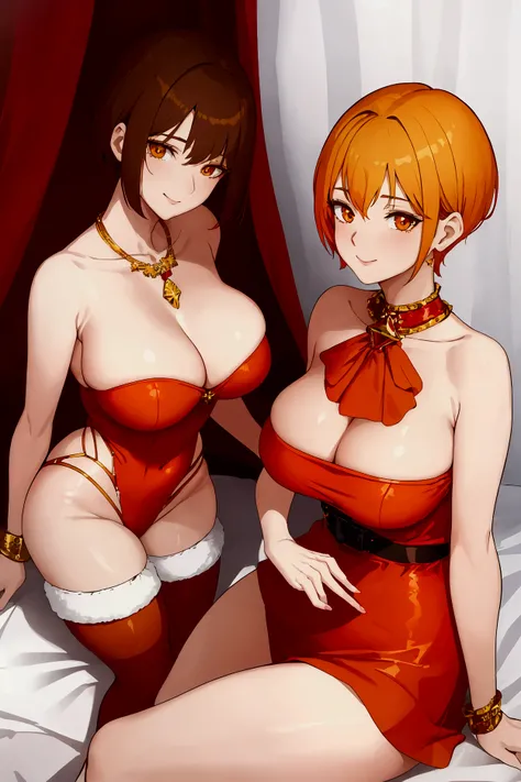 Middle aged women 26 years, Short Bobbed hair, Golden orange, santa outfit, white thigh highs, Orange gentle eyes, Smooth skin, soft smile, medium chest size, slim thigh thighs. 