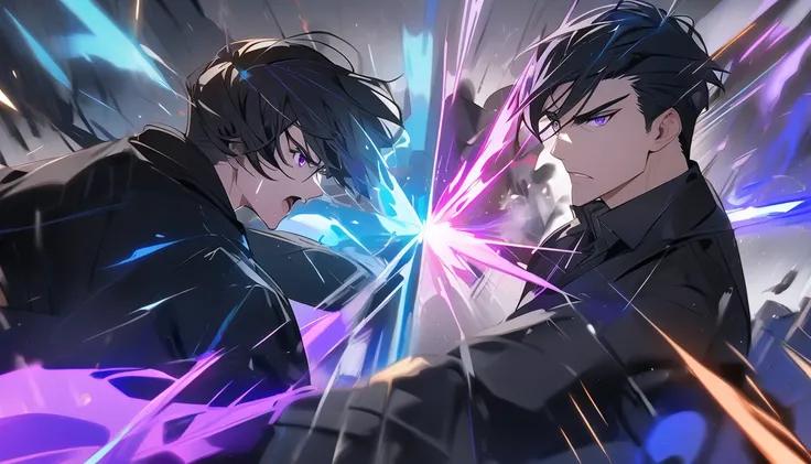  handsome,  , 2 person, Short hair, Black hair,   purple eyes ,  black shirt, The black coat , Lots of power, is fighting.,Star Shaped , Magic Blast ,The blue colors collide,fight,Fight with a 