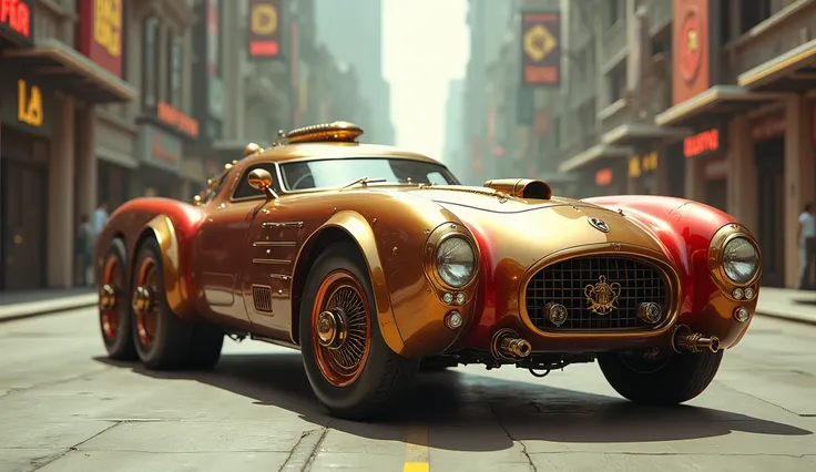 ((Full body CAR))), ((( 1958 MASERATTI STYLE CAR, very detailed and heavy, 6 wheels, gold and RED porcelain steampunk style, lots of bronze props on the car))), the car is driving on a wide street with futuristic shops, like in a 1950s sci-fi movie,