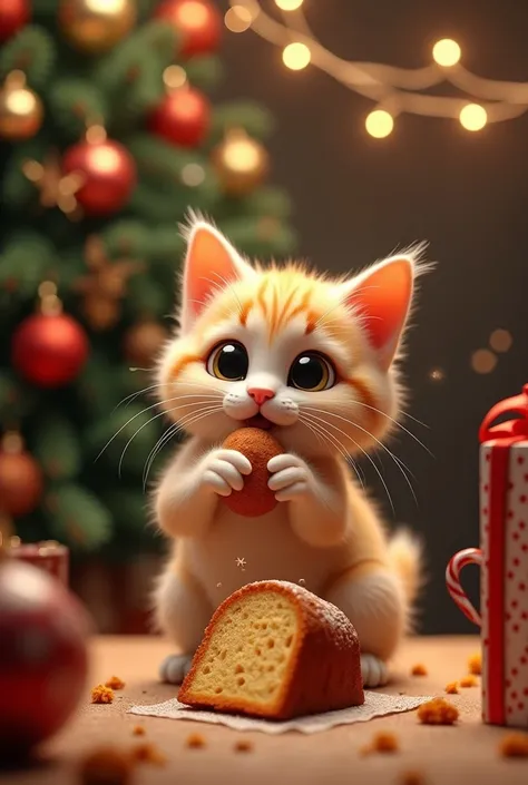 "An adorable cat,  with soft fur and curious eyes ,  sitting on a table decorated for Christmas .  He is devouring a panettone , with crumbs around .  The scene is illuminated by twinkling Christmas lights and there is a Christmas tree in the background,  ...