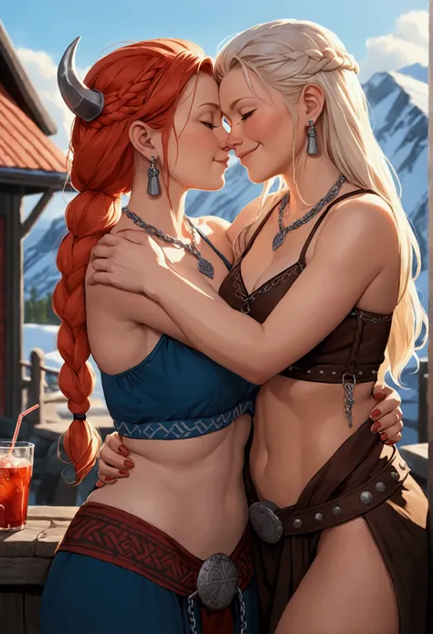 One Norwegian woman and one Finnish woman are cuddling lovingly, they are wearing thongs, they are happy, they are wearing a viking hammer necklace, the hammer hangs from a chain around their necks, they are outside and the weather is nice, they are drinki...