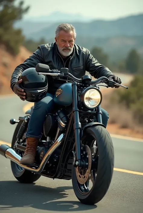 Create a realistic photo of a man on a powerful motorcycle, where his face appears and he is holding a helmet, the photo needs to take the entire bike from the side