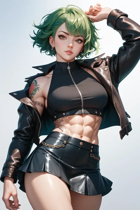 Girl with green hair short brown eyes samuan tattoos muscular medium breasts medium hips high leather jacket wicked school skirt pale skin 