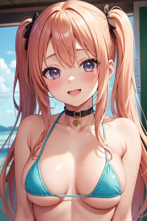 Im wearing a small micro bikini, Beautiful breasts,  upper body, anime, smile,  open her mouth , High-resolution contours, Big Breasts,  cute,  cute,  cute,  forehead visible in the background ,  sっぽい, Young,  s,  elementary school students, Young顔, Young身...