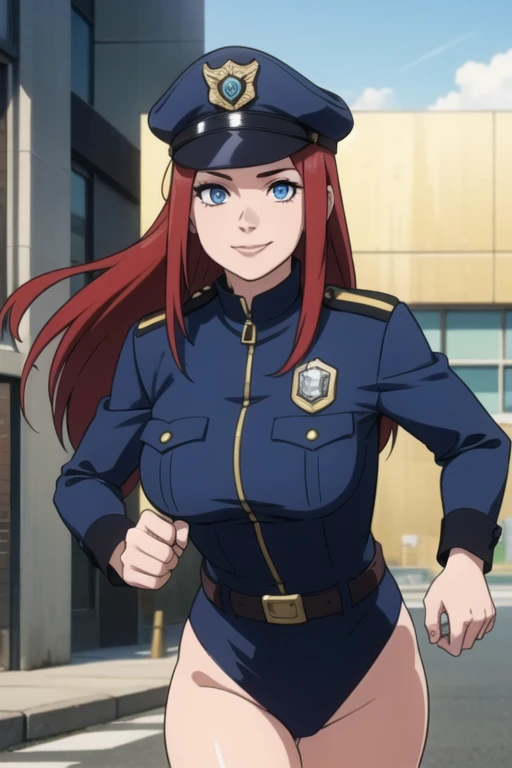 Kushina, long hair, red hair, blue eyes, mature female, large breasts, BCop, belt, policewoman, leotard, police hat, peaked cap, calm smile, running