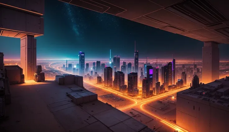 a city seen from above , with a large wall around it , In the middle of the desert,  with retro 16bit video game graphics,  cyberpunk style , with buildings,  at night