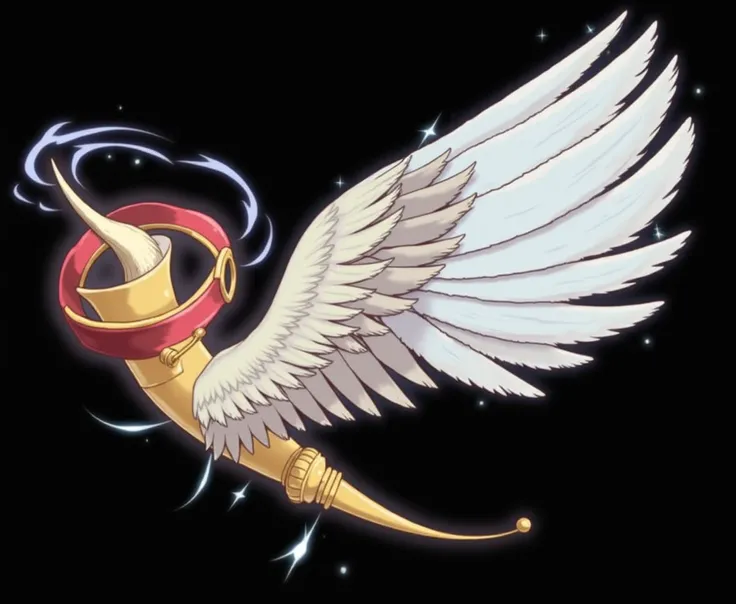 a close-up of a golden horn with a red band with a winged wing, League of Legends inventory item, winged horn icon, skill image, item art, RPG item, legendary item, summon emblem, item RPG game, summon icon, Epic Legends game icon, character icon, game ico...