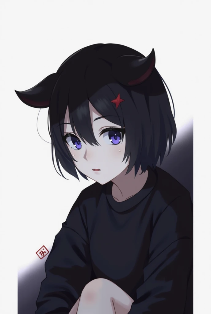  Creates an anime-style image of a goth girl with white skin , wearing a sweatshirt and .  She has a piercing on her right eyebrow and two small dots ,  one on the upper left lip and one on the lower right side.  The background should be dark ,  with an em...