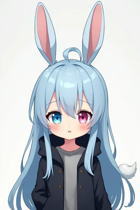  A boy with long straight and light blue hair,  completely white and soft skin , cute face,  small bunny ears ,  looking like a  ,  wears a black coat , rabbit tail, 1,24 tall , ,  Different colored eyes ,  the right one is blue and the left one pink , 2d ...