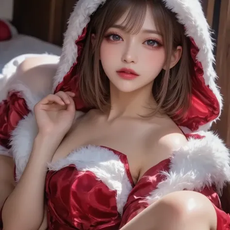 Cat ears、 Santa Claus柄のマイクロビキニ、  attractive,desire, Obscene, Mature Woman, Captivating body lines , ((  fine facial features ,   mouth, eroticism)),  dramatic lighting  ,  realistic , 8k, Cinematic Composition , dark moody vibe ,  Dramatic Shadows ,  intri...