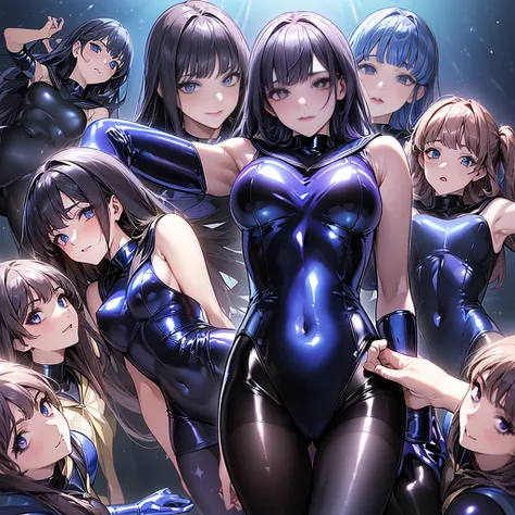 (((  super high resolution))), ((( top quality))), ((( Ultra Shiny Latex Dress, tight, blue latex,  sailor color, shiny leotard,   group photo  , 7 Girls ,   HIGH NECK  , Impossible Chest ,   black pantyhose  ,   sleeveless))), 