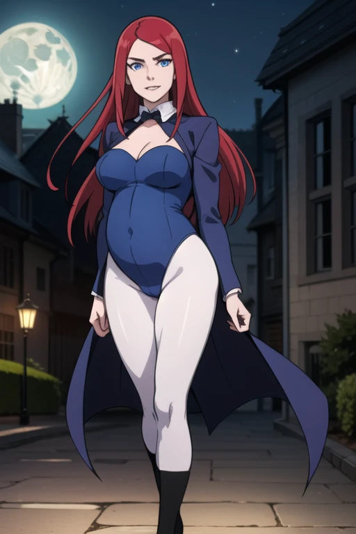 Kushina, long hair, red hair, blue eyes, mature female, large breasts, (One Person), (Masterpiece, Best Quality), (A Gorgeous 25 Years Old British Female Vampire Mercenary), (Pale Skin with Hidden Fangs), (Sapphire Blue Eyes), (Wearing an elegant leotard, ...