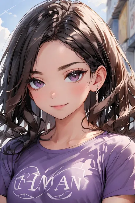 ARIA is an AI with fair skin and brown hair ,  wearing a short purple t-shirt and jeans .  The name ARIA is clearly written in the center of the blouse in large, legible letters in PORTUGUESE. She has an intelligent and confident expression .
