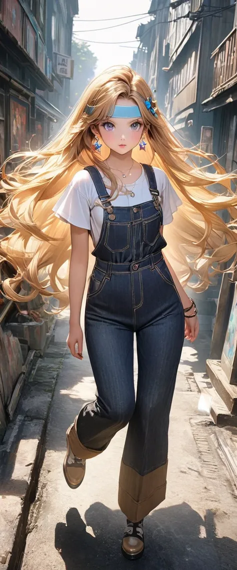 8k,gal， very delicate and beautiful ,Realistic beautiful skin , Brilliant gemstone earrings , long golden hair shimmering like sparkles, beautiful eyes,Fashion model, whole body,overalls, headband,HD,8k,anime japan cute girl