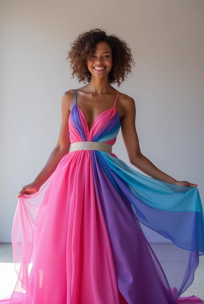 Trans woman with a lesbian flag coloured dress