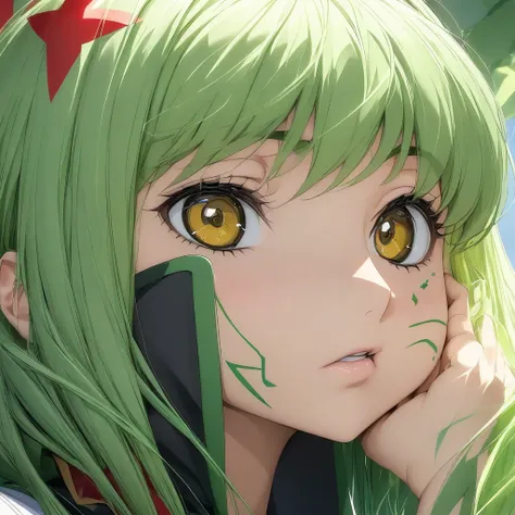 anime woman, CC, Code Geass, long green hair, yellow eyeson her cheek،A broad green line is drawn, with three red stars below it, and a broad black line below it, زاوية مقّربة