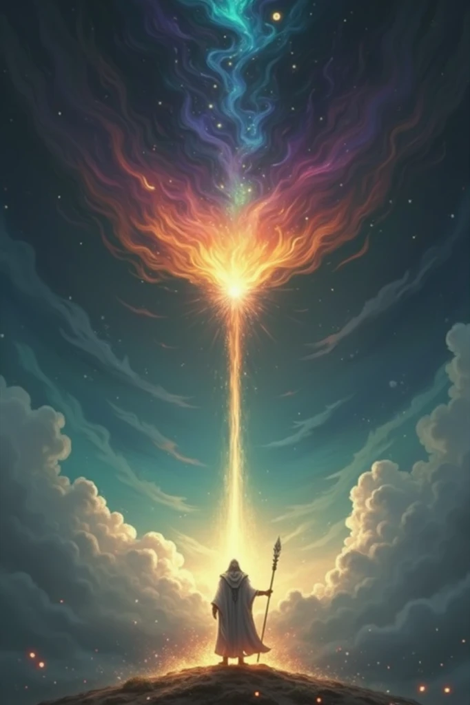 Create a variation of this ,  image with a wizard who controls the 5 elements, water, Photo, Earth, ar e ether. 