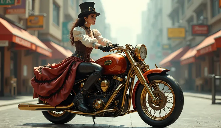 ((Full body CAR))), ((( 1958 DUCATTI STYLE MOTORCYCLE, very detailed and heavy, 2-wheeled, gold and RED porcelain steampunk style, lots of brass fittings on the car))), THE MOTORCYCLE is being driven by a beautiful woman (((DRESSED IN STEAMPUNK FASHION: el...