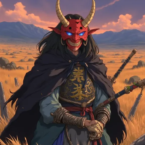 "A detailed anime-style illustration of a lone samurai in a windswept battlefield at twilight, wearing a fierce, demon-inspired mask. The mask is chipped crimson with cracks revealing dark steel beneath, adorned with golden kanji and glowing blue eyes. Its...