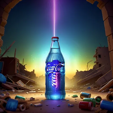 A bottle of Coca-Cola flickers amidst the ruin of a post-apocalyptic world ,  merged with the rainbow lighting of a million brilliant colors interrupting the chaotic devastation.  The photographic art effect captures the surreality of the image in the limb...