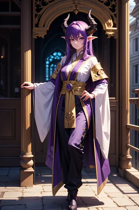 A very tall teenager with short spiky purple hair and piercing purple eyes, thin male build, tall purple dragon horns on his head, a long purple dragon tail on his waist, wearing a black priests robe with a long collar and purple crosses on the robe, black...