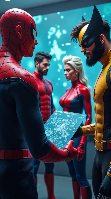 Peter Parker, armed with a holographic map, meticulously outlines strategies to Cyclops, Storm, and Wolverine. The scene is reminiscent of a futuristic painting, with vibrant colors glowing against a sleek, metallic backdrop. Each character is depicted wit...