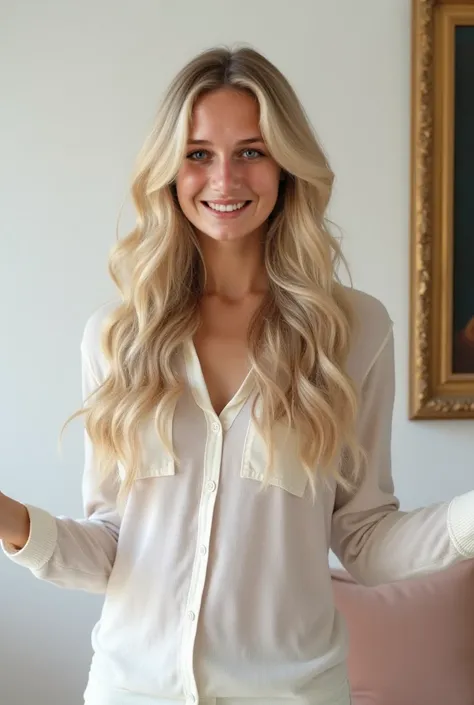 (((instagram-Foto))) Blonde natural wavy long hair influencer, (stark), who is considered a trendsetter in luxury, trasveling and lifestyle she is wearing casual clothing inside of her house and is leaning on her white wall with a guernica paiting on the r...