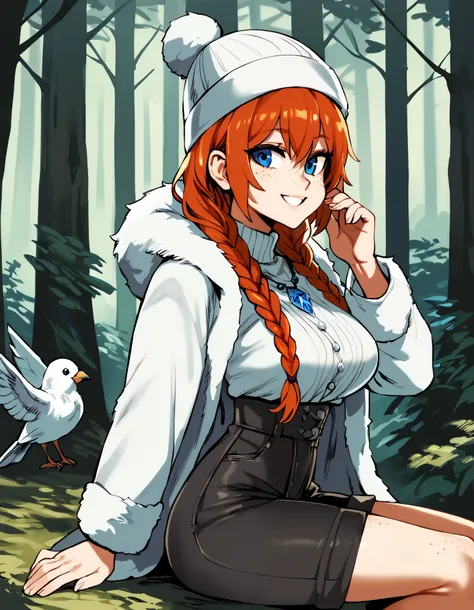 score_score_9, score_8_up, score_7_up, (side view), (1girl), 1bird, (winter forest), (fair skin), (long legs), large breasts, (muscular body), (slim waist), big and expressive eyes, muscular legs, mesmerizing hair, muscular hips, (Perfect hands and fingers...