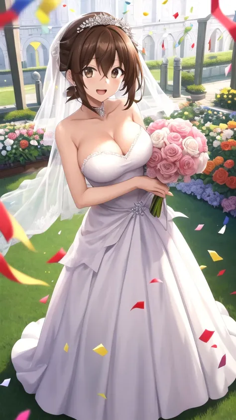 masterpiece, best quality, high quality, girl, solo, looking at viewer, issei_hyoudou, brown hair, brown eyes, hair between eyes, large breasts, wedding Dress, standing, garden, confetti, holding bouquet, smile, open mouth,