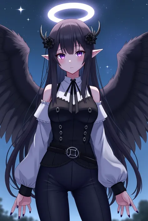 Female, 25 Years Old, Short, Athletic. Light Gray Skin. Long Black Hair. Purple Eyes. Elf Ears. Wings with Black Feathers. White halo on top of her head. Black and White Medieval Military Uniform, Black Pants, Long Sleeves, Baggy Suit. Annoyed expression o...