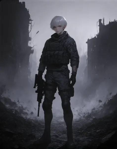 (masterpiece:1.2,Exceptional Quality,Mirror-like,Cinematic Experience), hand drawn illustration, creative anime, kawaii anime, flat anime, A lone boy soldier stands amidst the ruins of a dystopian city, his battle-worn face illuminated by the pale, fractur...