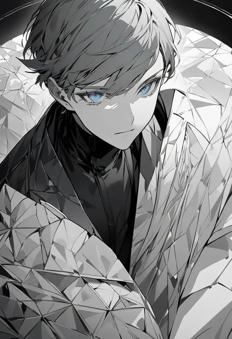  A male character with short hair and gray ,  in a completely monochrome color palette ,  composed only of shades of gray and white .  His appearance is elegant and minimalist ,  with soft detailed features and expressive eyes in light gray .  He wears mod...