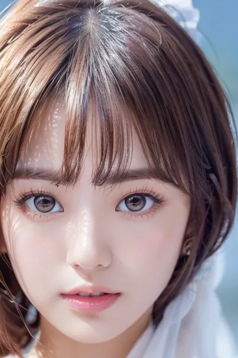 (Detailed and realistic portrait of pretty face girl)、(Shot outside with round eyes and long flapping hair)、staring directly at camera、magical photography、Dramatic Lighting、Photographic realism、ultra-detailliert、 Intimate portrait composition、(Center image...