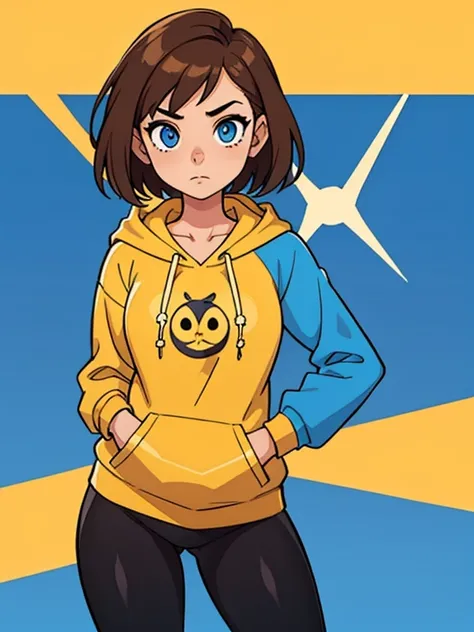 score_9, source_cartoon, 1girl, solo, 20yo woman, college freshman, brown hair, blue eyes, blue hoodie, yellow hornet (symbol) in the middle of the hoodie, black leggings
