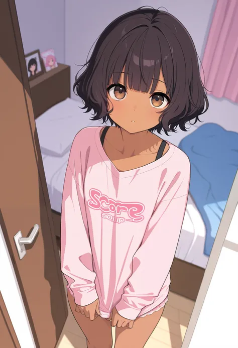 masterpiece, best quality, score_9, score_8_up, score_7_up, score_6_up, score_5_up, score_4_up, source_anime, 1girl, wavy hair, short hair, dark brown hair, brown eyes, straight bangs, brown skin, teenager bedroom, gamer bedroom, standing, wearing pink und...