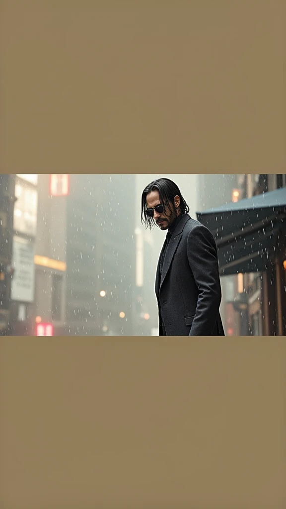 Un homme qui ressemble à John Wick, mais avec une touche unique. Il porte un costume noir élégant parfaitement ajusté, une cravate fine, et des lunettes rectangulaires au cadre noir qui ajoutent un air mystérieux et sophistiqué. Ses cheveux sont mi-longs, ...