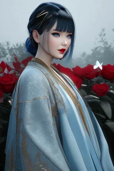  an adult woman , 3d, seen from afar and from the side ,  with long bluish black hair ,  with a light blue Chinese hair clip ,  crystal blue eyes ,  lips painted with red lip gloss , with an innocent look, with a soft and gentle smile ,  wearing a light bl...