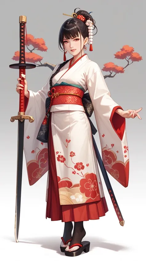   Studio Quality , 6k,   full body shot , depicts a scene where a character dressed in a traditional East Asian costume 、 takes dynamic poses with a sword 。 The costume uses flowing fabric 、 red accents 。These red parts 、It may represent an obi 、 heighten ...