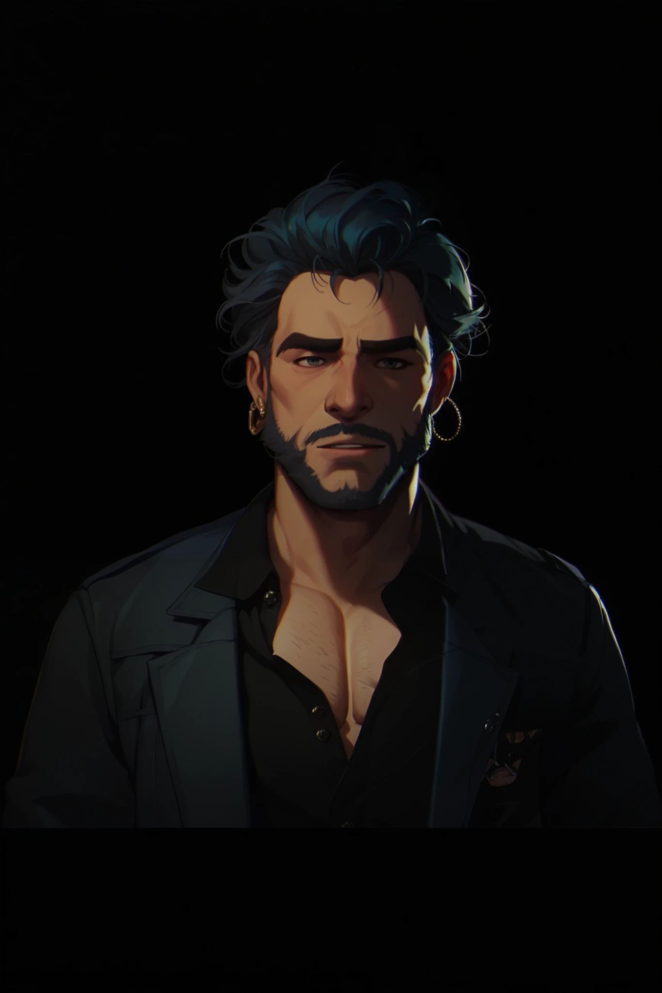 "HQ style, tall, thin, strong and handsome man, with a penetrating and mysterious look. He is dressed in black clothes that highlight his imposing presence. mounted on his black horse, a Blue Heller dog; The scene takes place in the backlands of Minas Gera...