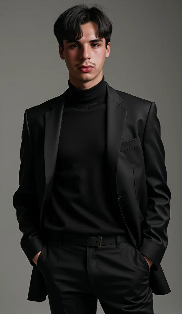 Generate a photo of a 23-year-old male with chubby cheeks and a slightly large head modeling black clothes in a professional photo studio
