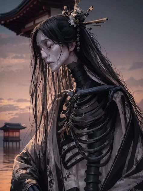 A hyper-realistic and haunting depiction of a Hone-Onna (Bone Woman) from Japanese folklore. The figure appears skeletal yet ethereal, with visible bone structures and ghostly pale skin, draped in a tattered, traditional kimono. Her hair is long, black, an...