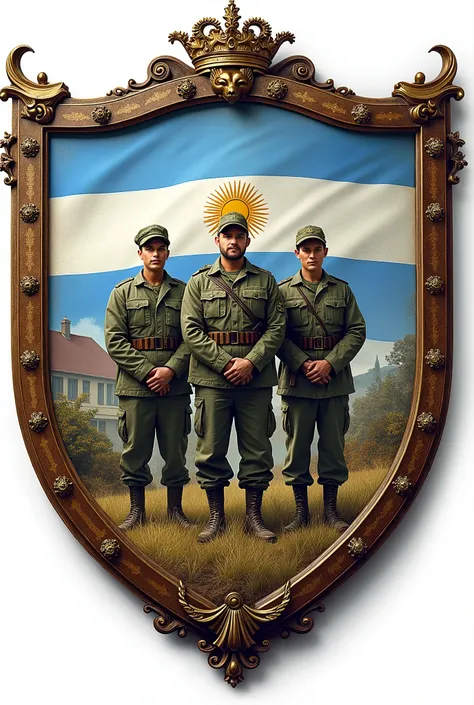  A shield where you can see a school , three Argentine soldiers ,  the Argentine flag and the Falkland Islands , And let it say Elementary School 17 Heroes of the Falkland Islands in Spanish 