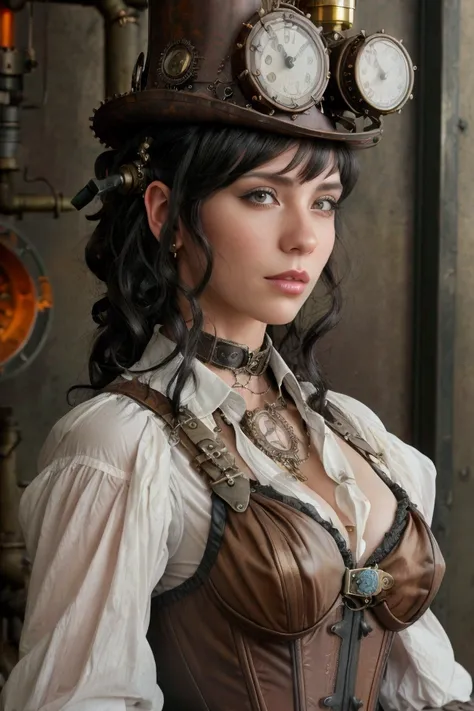 Steampunk technology and aesthetics, Steampunk Decor, Steampunk fantasy: Woman next to a steampunk dildo, Steam engine, Steam spewing from a steam engine. Beautiful sexy woman,wearing a corset,