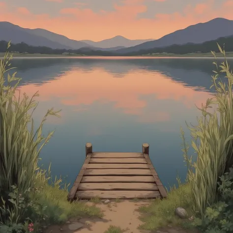 "A serene and textured anime-style illustration depicting a quiet lakeside at dusk, with soft, grainy textures and muted colors. The scene features a small wooden pier extending into the calm water, its surface reflecting the fading light of the sky in hue...