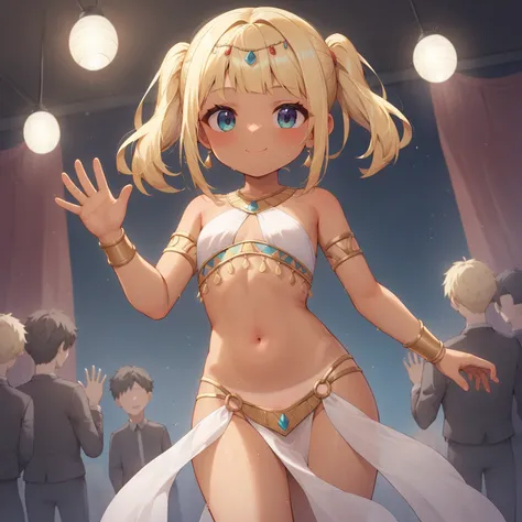 masterpiece, best quality, 1girl, dancer ,navel, white cloth, groin, nsfw, twintail, medium hair, tan, stage, stage lights, blond_hair, waving, blush, smile, closed_mouth ,walking, dutch_angle, sweaty, loli, blonde hair