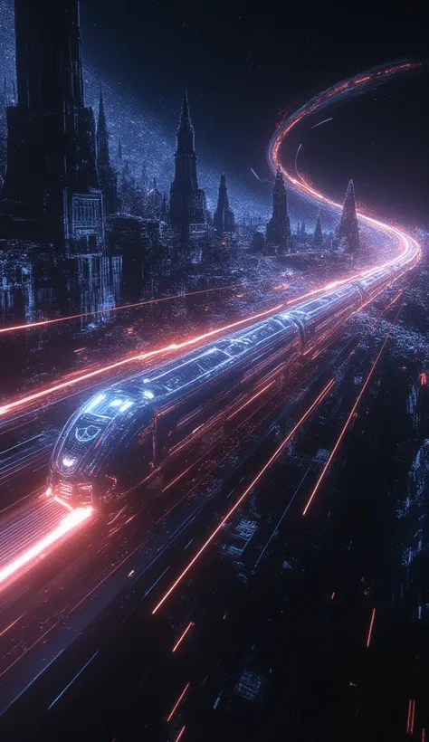 
  science fiction  ,   realistic  .   shining shadow of a cyberpunk train flying through cosmic space in a very spiral and dynamic way,  breaking many layers of dimension , with many beautiful traces of light  .   many historic monuments are holographical...