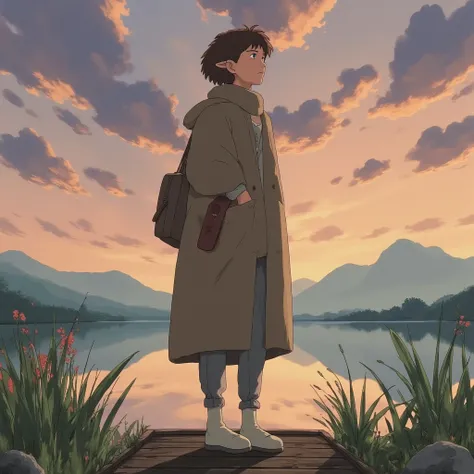 "A textured anime-style illustration of a lone traveler standing on a wooden pier by a calm lake at dusk. The character wears a simple, loose-fitting cloak in muted earth tones, with a satchel slung over their shoulder. Their short, slightly messy hair cat...