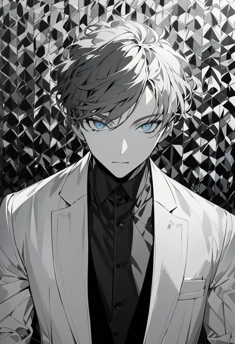  A male character with short hair and gray ,  in a completely monochrome color palette ,  composed only of shades of gray and white .  His appearance is elegant and minimalist ,  with soft detailed features and expressive eyes in light gray .  He wears mod...