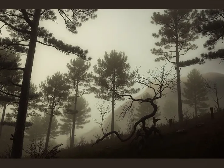 generate a realistic scenery of the gloomy forest with mountains and mist all around.