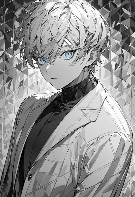  A male character with short hair and gray ,  in a completely monochrome color palette ,  composed only of shades of gray and white .  His appearance is elegant and minimalist ,  with soft detailed features and expressive eyes in light gray .  He wears mod...